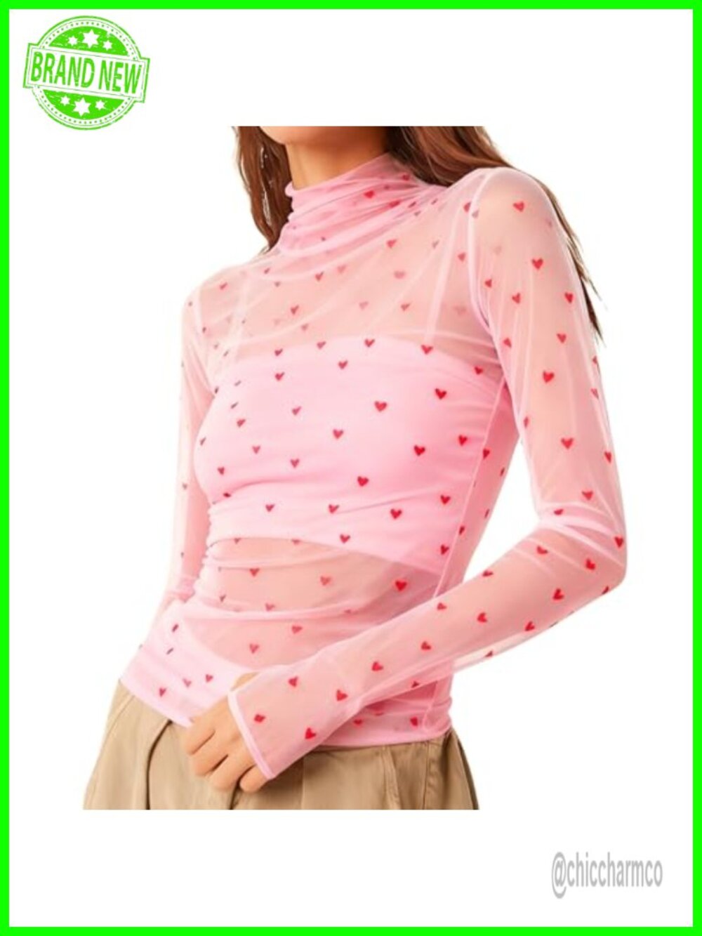 Women Sheer Mesh Heart Long Sleeve Turtleneck Layering Blouse